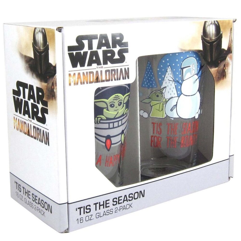 New! Star Wars Mandalorian Pint Glass Christmas Set of 2 Grogu